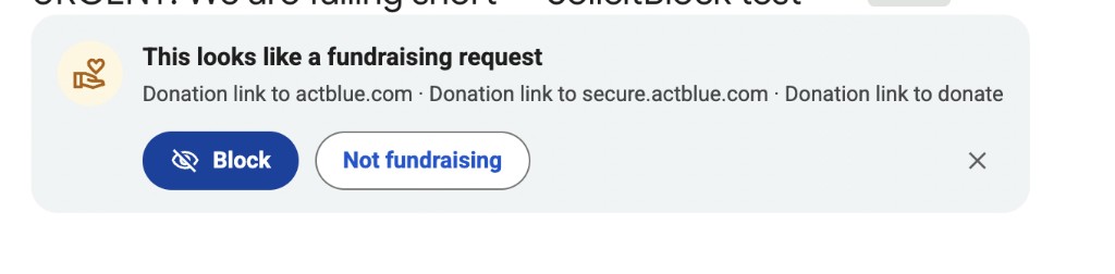 SolicitBlock banner in Gmail: This looks like a fundraising request, with Block and Not fundraising actions